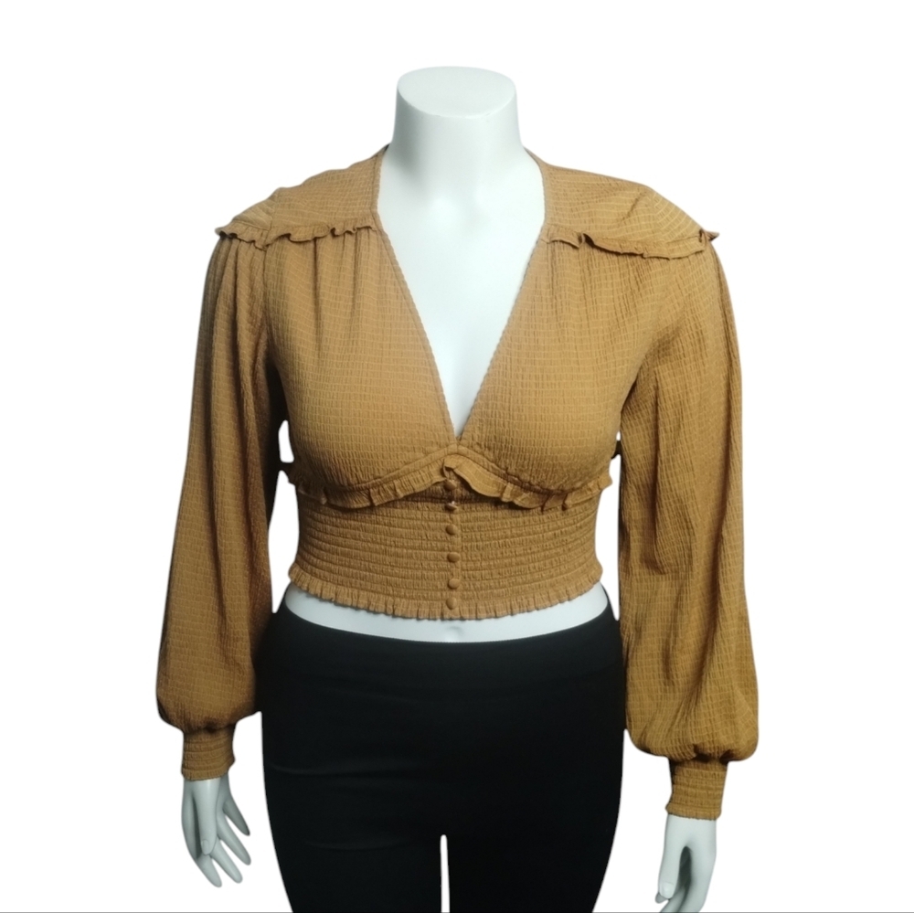 Y2k a Loves a Smocked Crop Mustard Ruffle Empire Babydoll‎ Top Office Siren